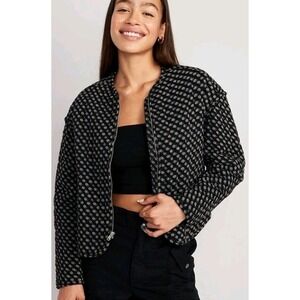 Old Navy Womens Quilted Bomber Jacket Size XL Black Block Print Zip up